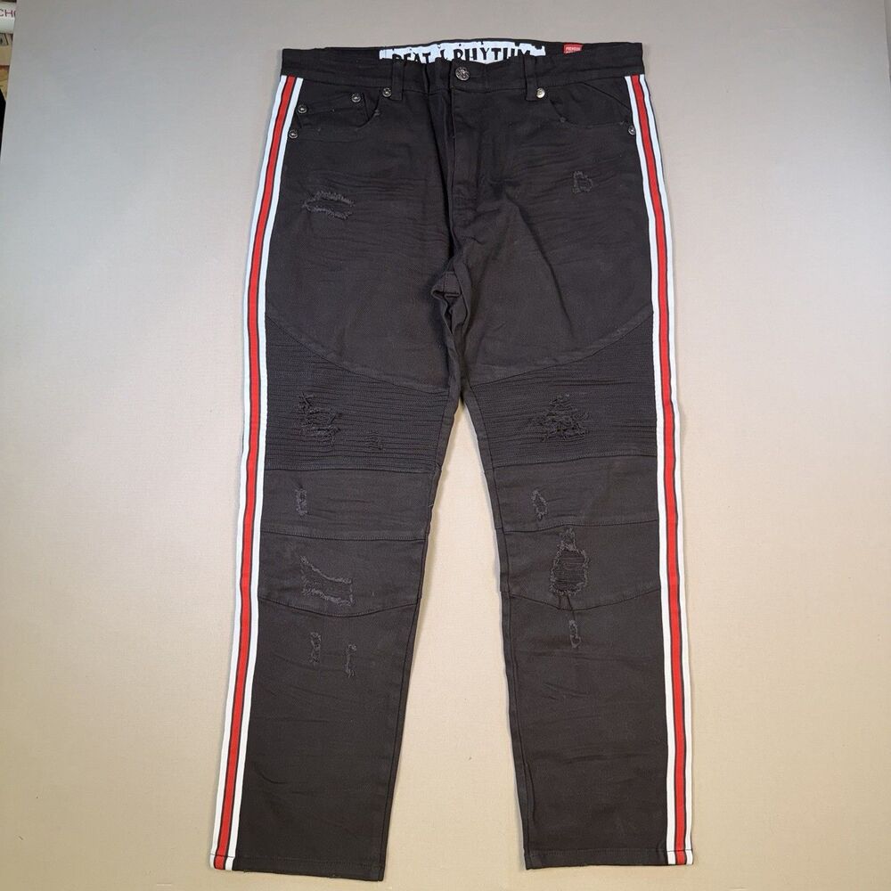 NOS Beat & Rhythm Jeans Mens 38x32 Black Red Stripe Moto Biker Distressed HipHop